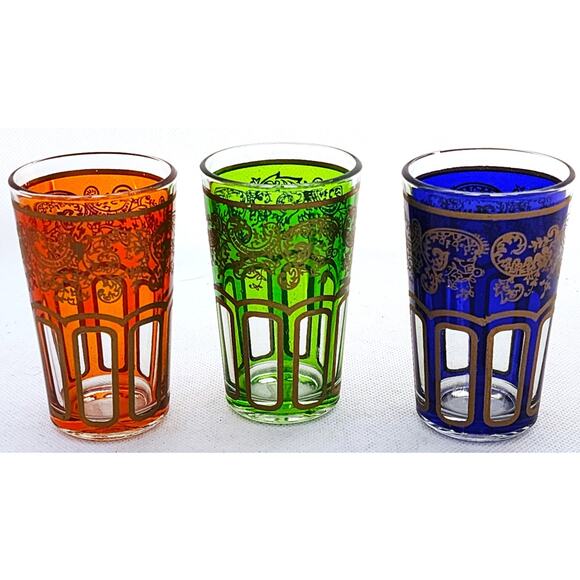 Moroccan Tea Glasses-Multiple Colors-Gold Tone Trim-Holds 1/2 cup each-Set of 3 - Picture 1 of 6